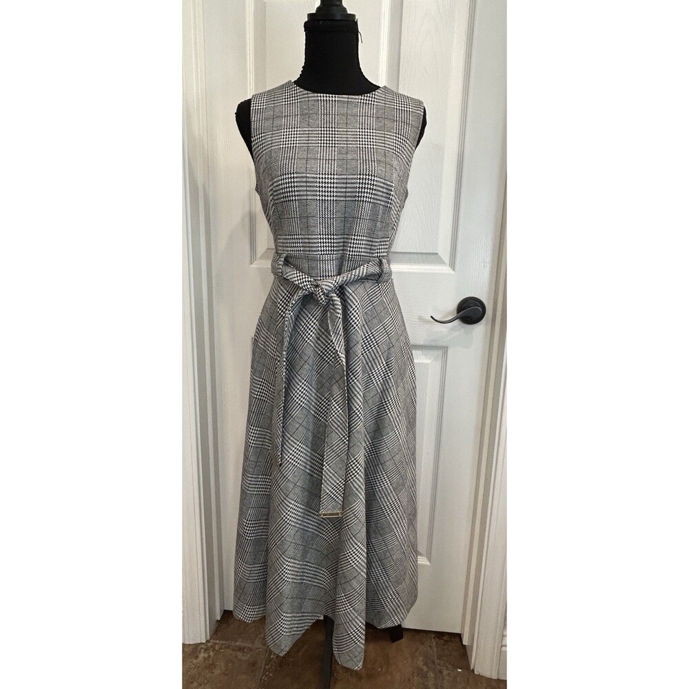 Calvin Klein Sz 6 Plaid Belted Midi Dress, Granite Check Classy Gorgeous NWT